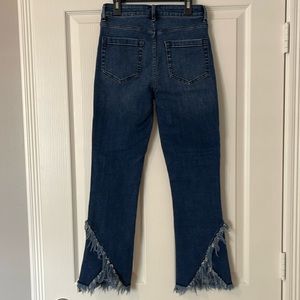 1. State Blue Denim High Waisted Cropped Jeans with Fringe Opening Detail Sz. 25